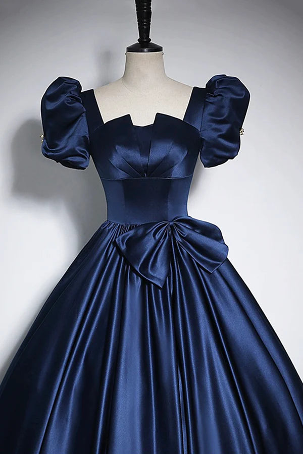Wholesale Elegant Blue Satin Prom Dresses Square Neckline Puffy Short Sleeve Bow Backless Floor-Length Formal Dresses